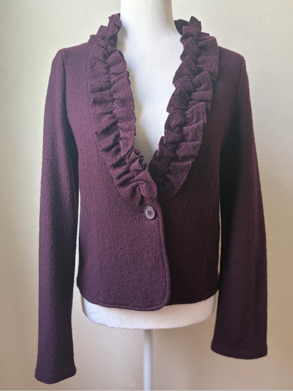 Ann Taylor LOFT Plum Ruffle Wool Blend Knit Blazer Jacket Medium